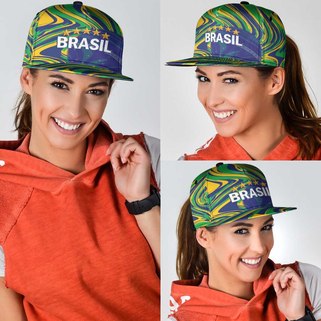 Brazil Football Snapback Cap 2026 Vamos Brasil Marble Pattern