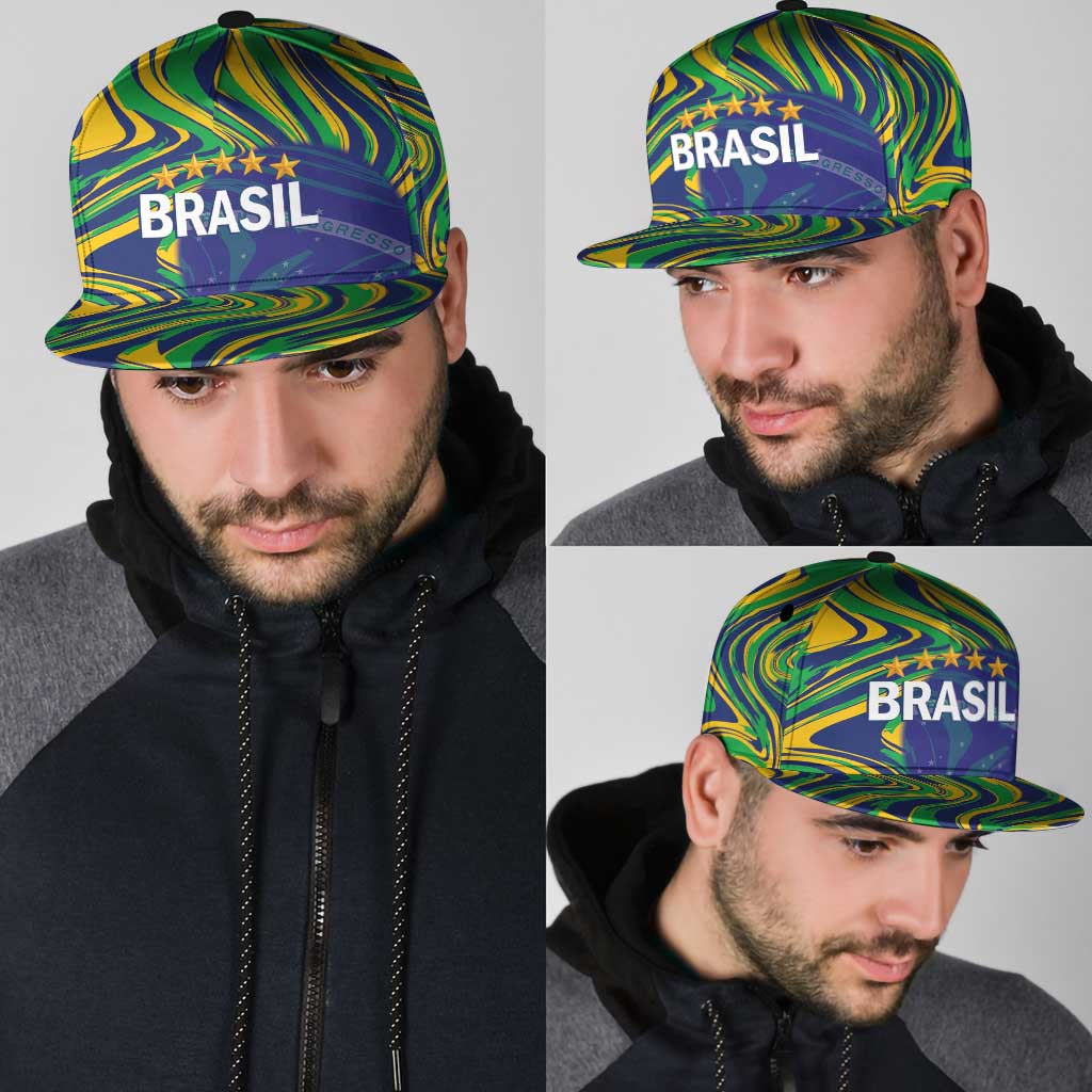 Brazil Football Snapback Cap 2026 Vamos Brasil Marble Pattern