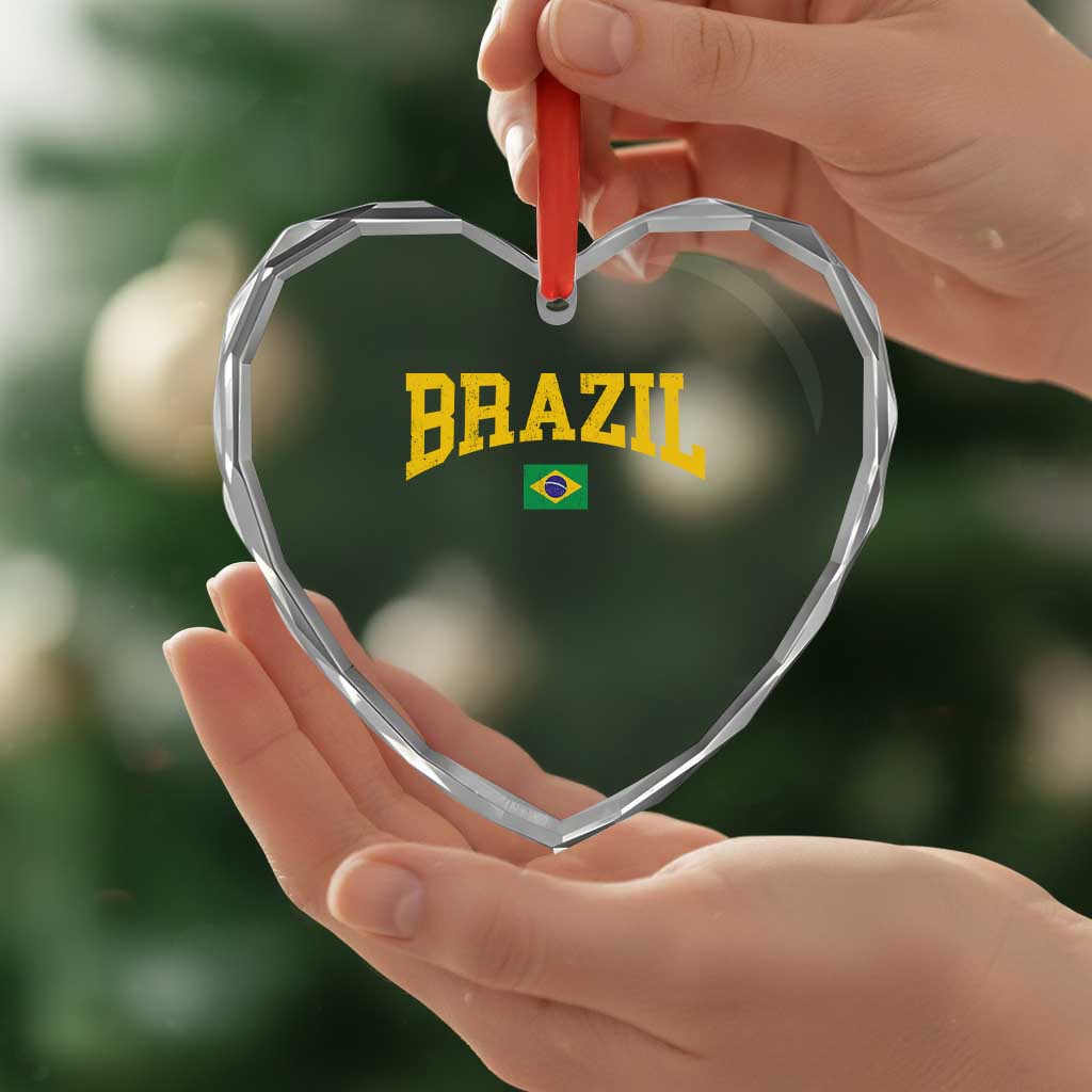 Brazil Football Throwback Design Vintage Brazilian Flag Jersey Style Heart Crystal Glass Ornament