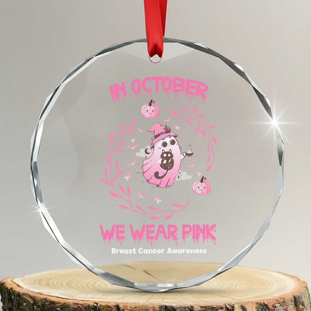 Breast Cancer Halloween Crystal Glass Ornament In October Ghost Wear Pink Black Cat - Wonder Print Shop