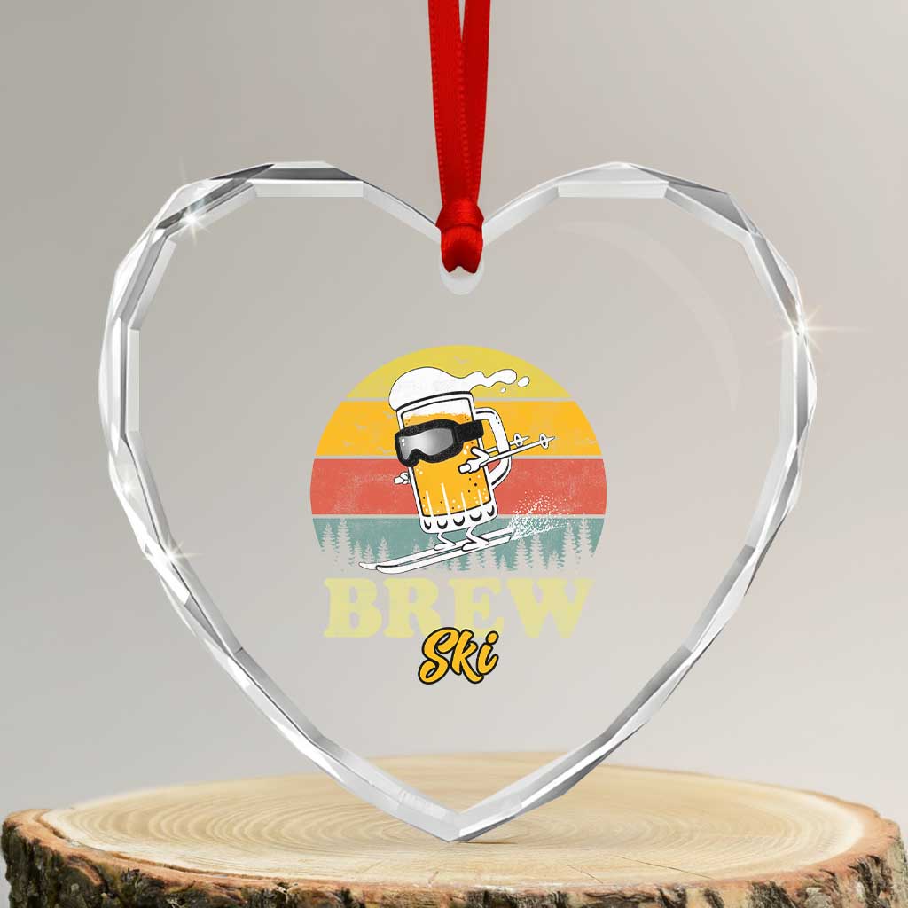 Brewski Skiing Beer Heart Crystal Glass Ornament Funny Skiing Skier Ski Vacation Retro Sunset - Wonder Print Shop