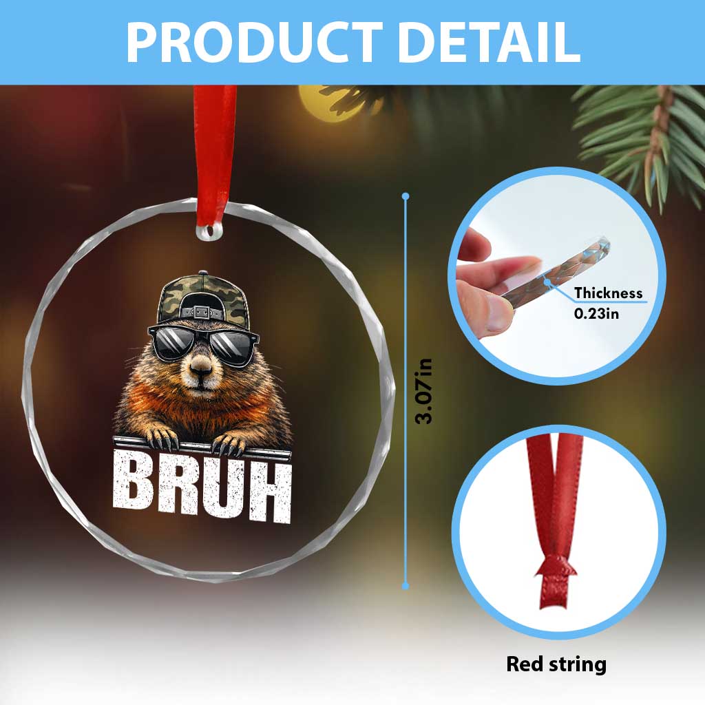 Bruh Groundhog Crystal Glass Ornament Funny Woodchuck Camo Hat Youth Teens Kids Slang - Wonder Print Shop