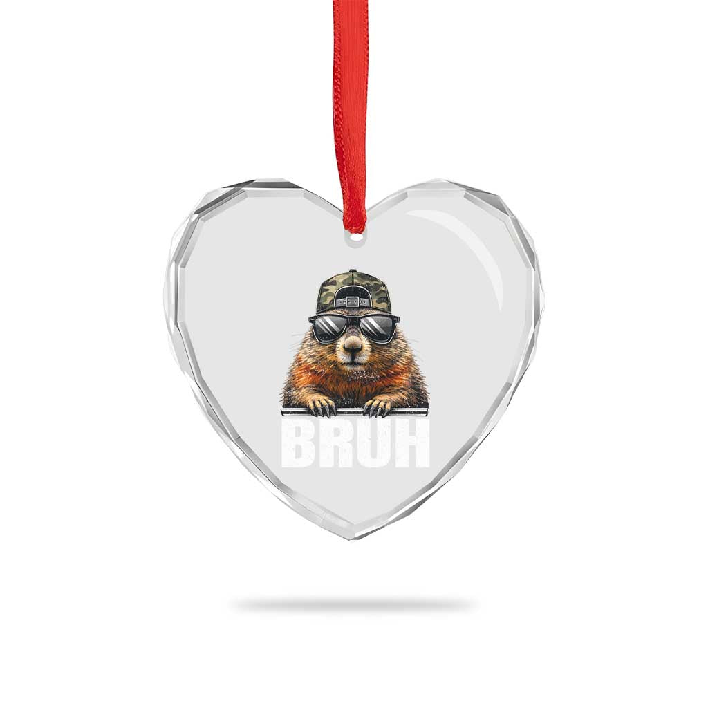 Bruh Groundhog Heart Crystal Glass Ornament Funny Woodchuck Camo Hat Youth Teens Kids Slang - Wonder Print Shop