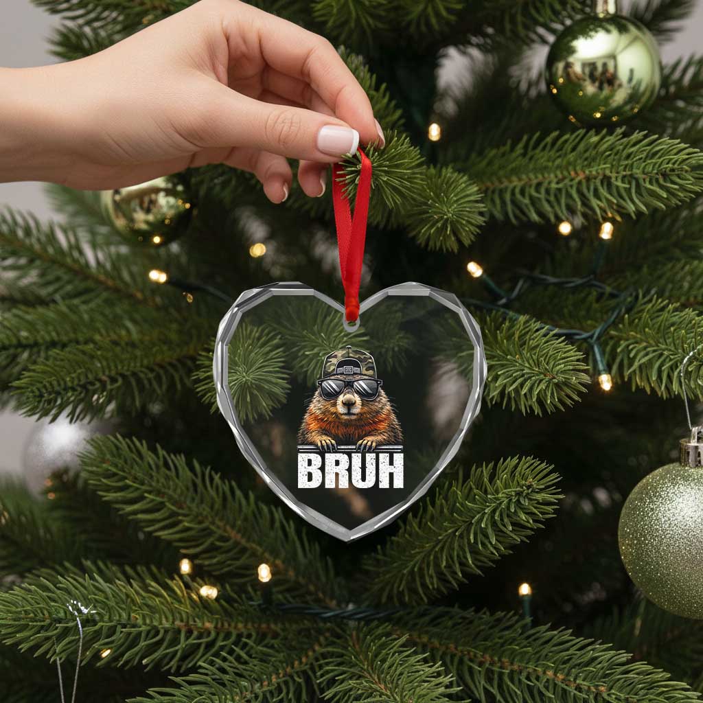 Bruh Groundhog Heart Crystal Glass Ornament Funny Woodchuck Camo Hat Youth Teens Kids Slang - Wonder Print Shop