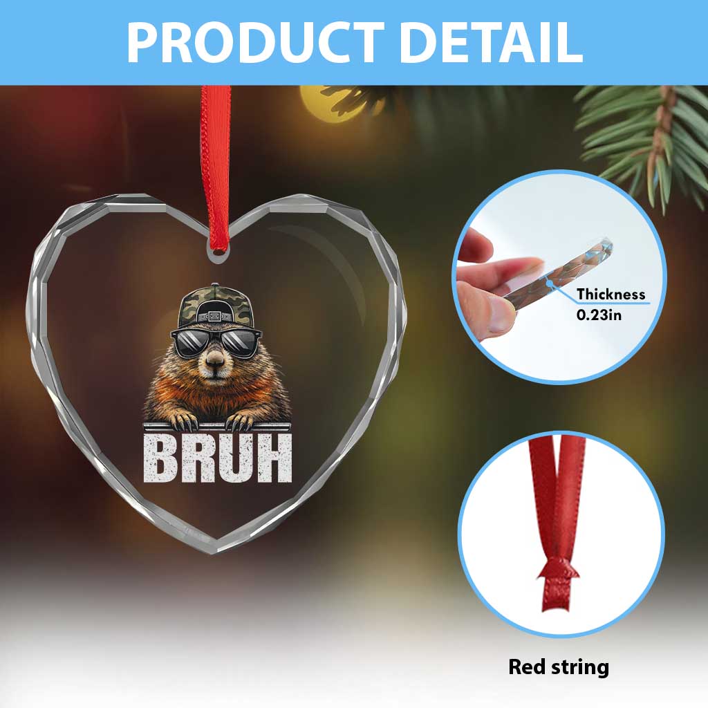 Bruh Groundhog Heart Crystal Glass Ornament Funny Woodchuck Camo Hat Youth Teens Kids Slang - Wonder Print Shop