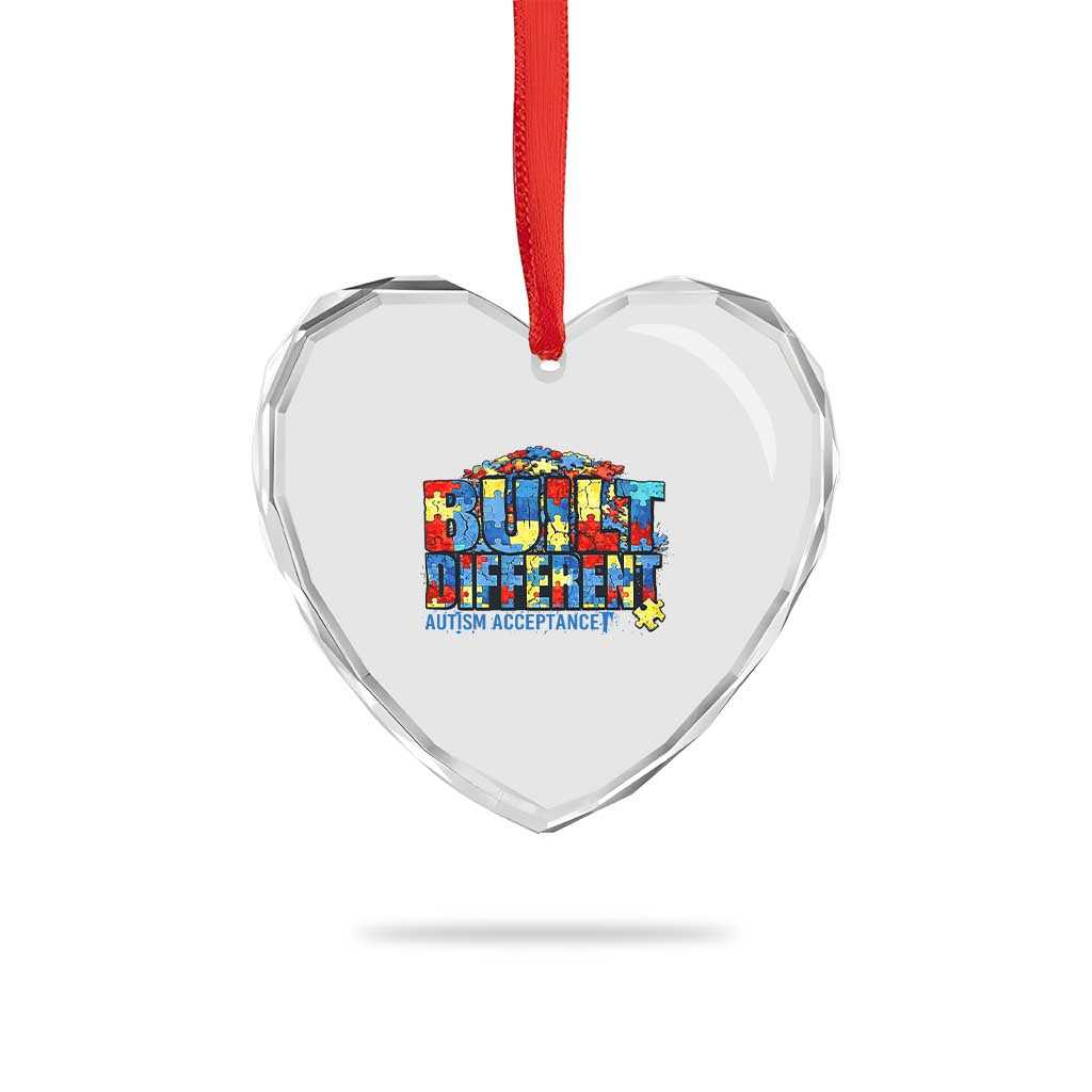 Built Different Autism Acceptance Puzzle Piece Graphic Heart Crystal Glass Ornament Inspirational Neurodiversity Support