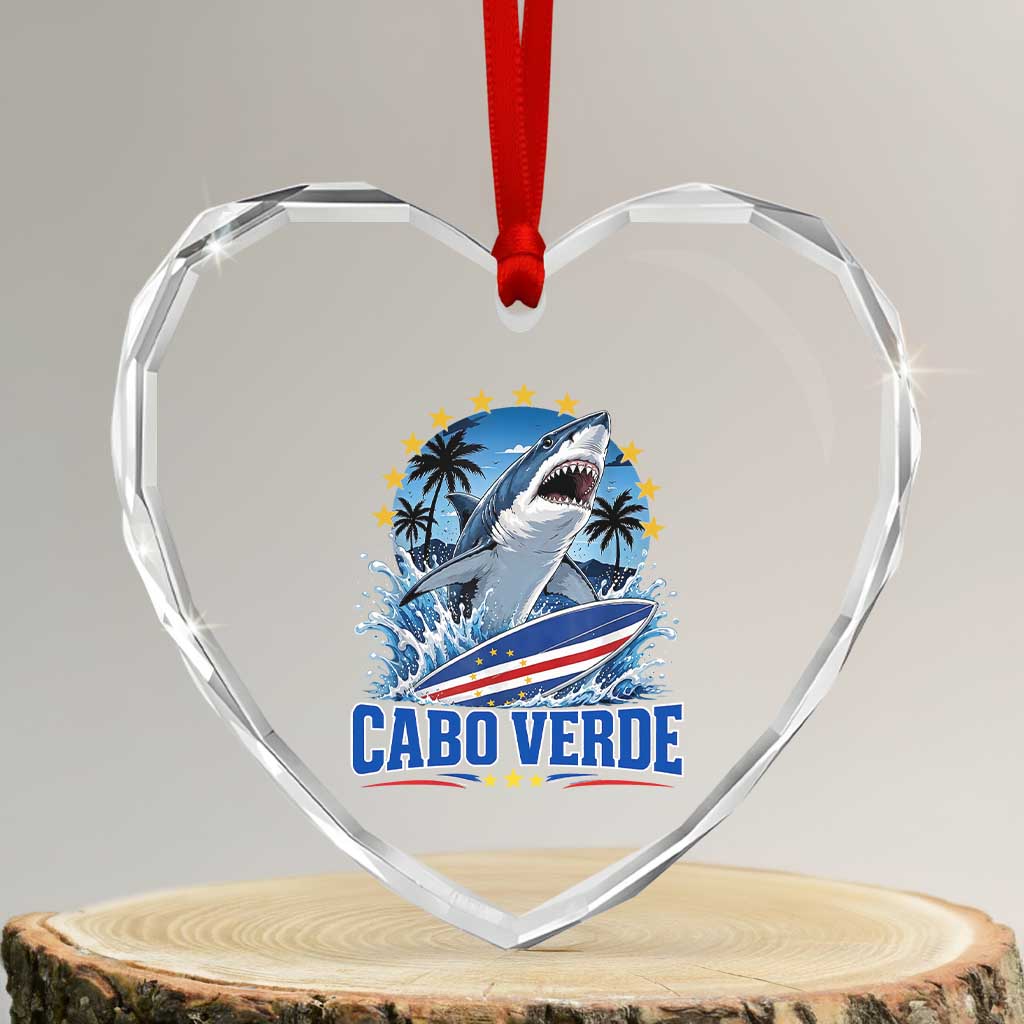 Cabo Verde Surfing Blue Shark Surfboard Heart Crystal Glass Ornament Cape Verde Flag Tropical Ocean Wave