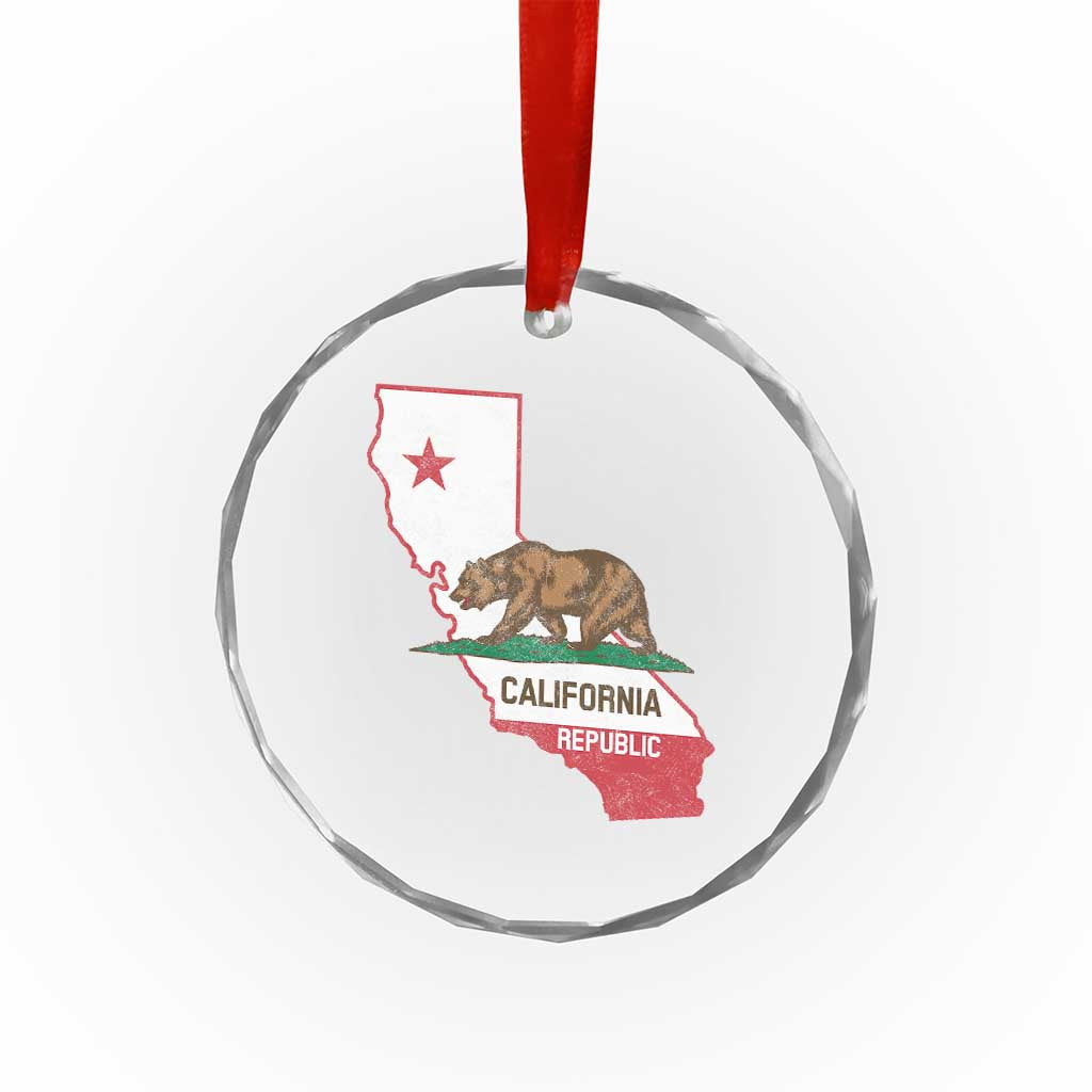 California Republic Cali Map Flag Distressed Style Crystal Glass Ornament