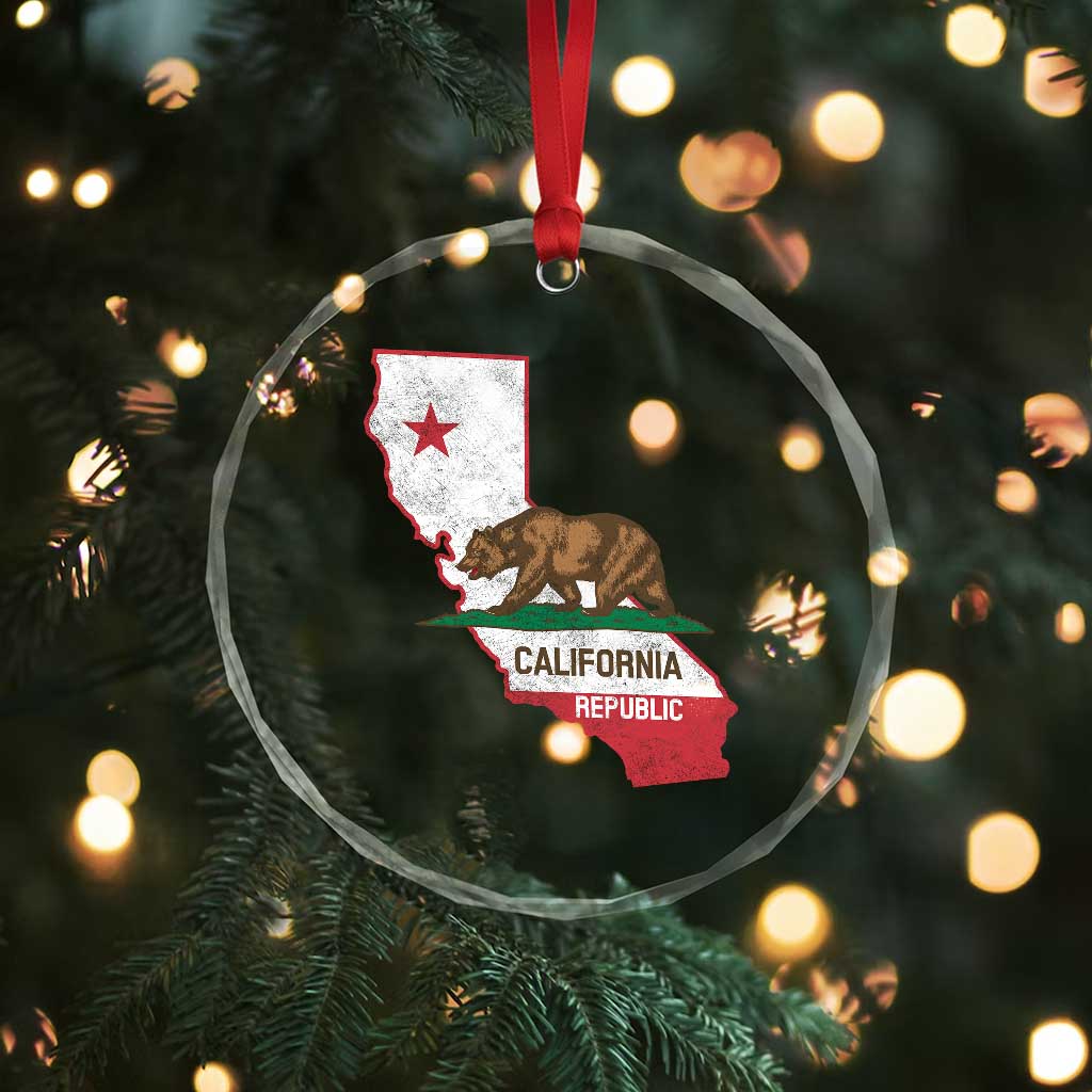 California Republic Cali Map Flag Distressed Style Crystal Glass Ornament
