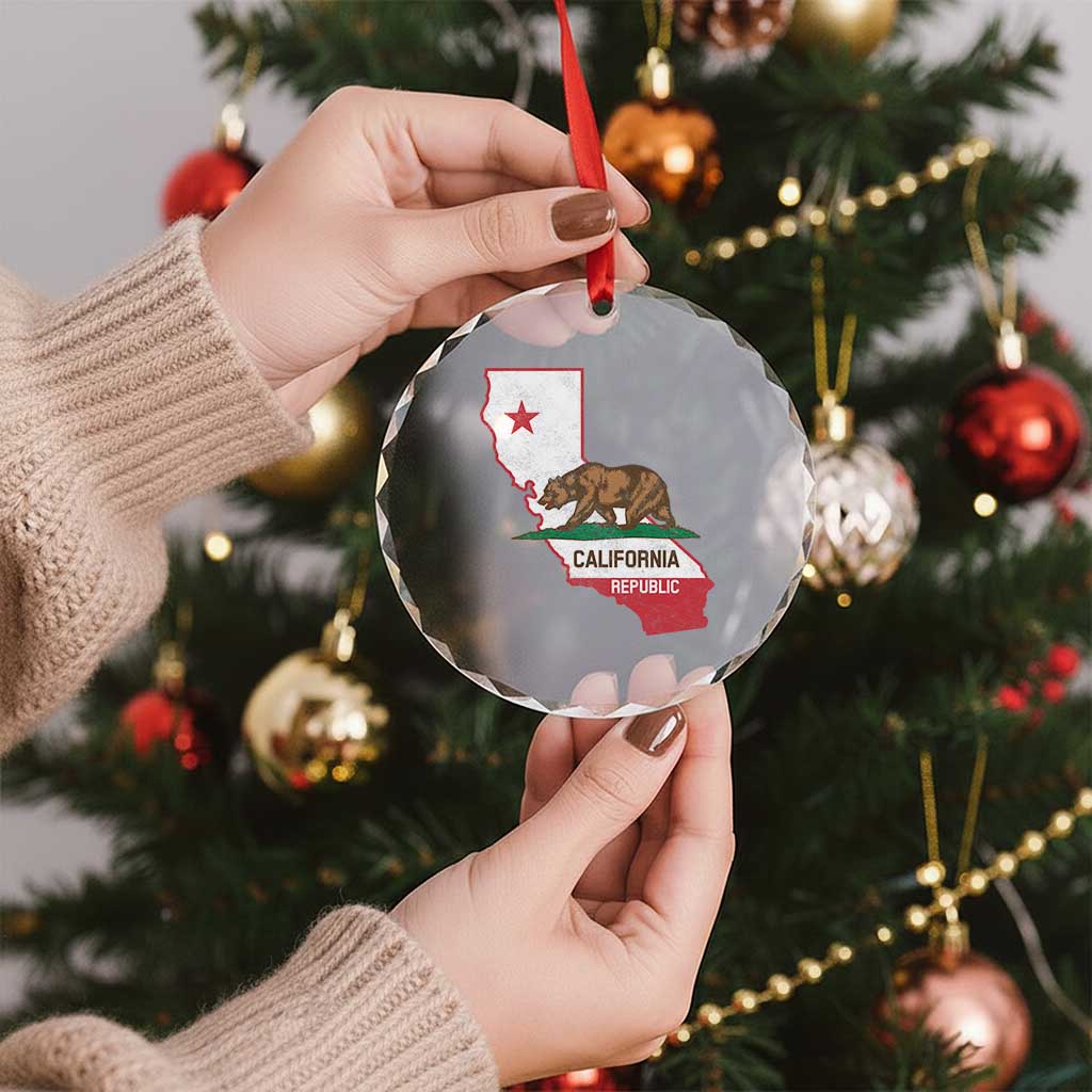 California Republic Cali Map Flag Distressed Style Crystal Glass Ornament