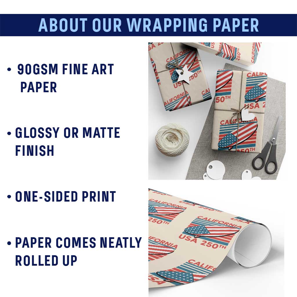 California USA 250th Anniversary Wrapping Paper Roll US Semiquincentennial Patriotic Surfboard Graphic - Wonder Print Shop