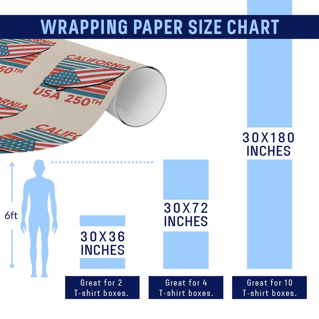 California USA 250th Anniversary Wrapping Paper Roll US Semiquincentennial Patriotic Surfboard Graphic - Wonder Print Shop