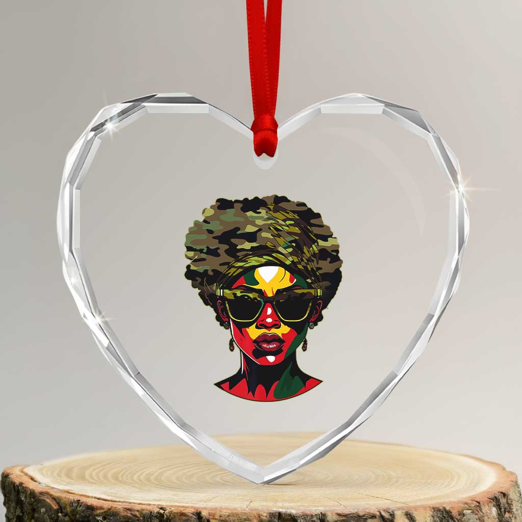 Camo African American Women Juneteenth Celebrating Black Freedom Day Heart Crystal Glass Ornament