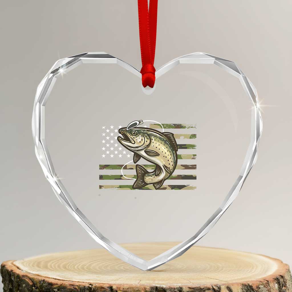 Camo Bass Fishing Heart Crystal Glass Ornament Patriotic US Flag Fisherman - Wonder Print Shop