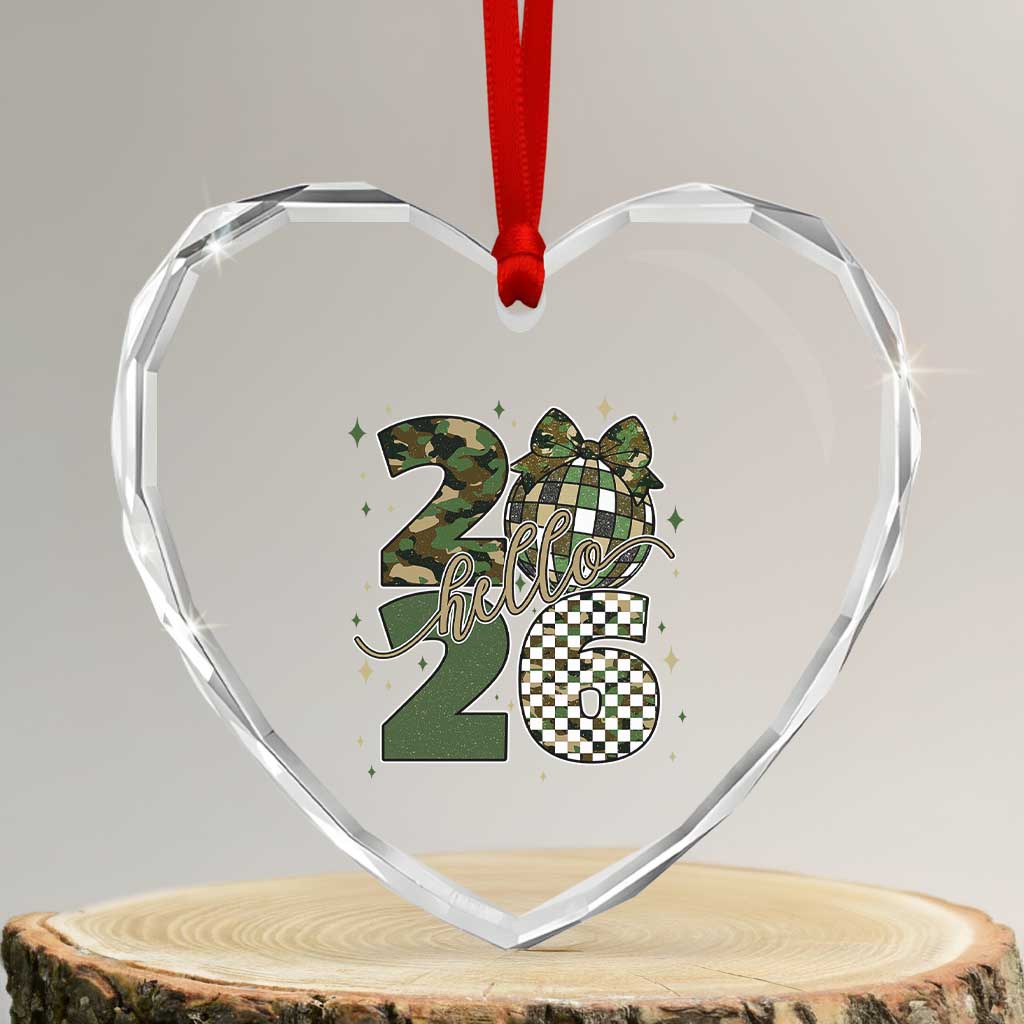 Camo Happy New Year Party 2026 Heart Crystal Glass Ornament Camouflage Disco Ball - Wonder Print Shop