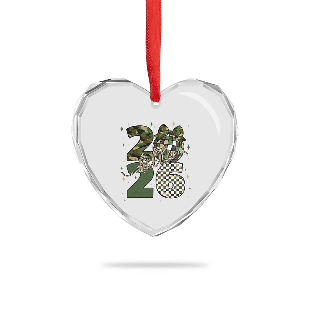 Camo Happy New Year Party 2026 Heart Crystal Glass Ornament Camouflage Disco Ball - Wonder Print Shop