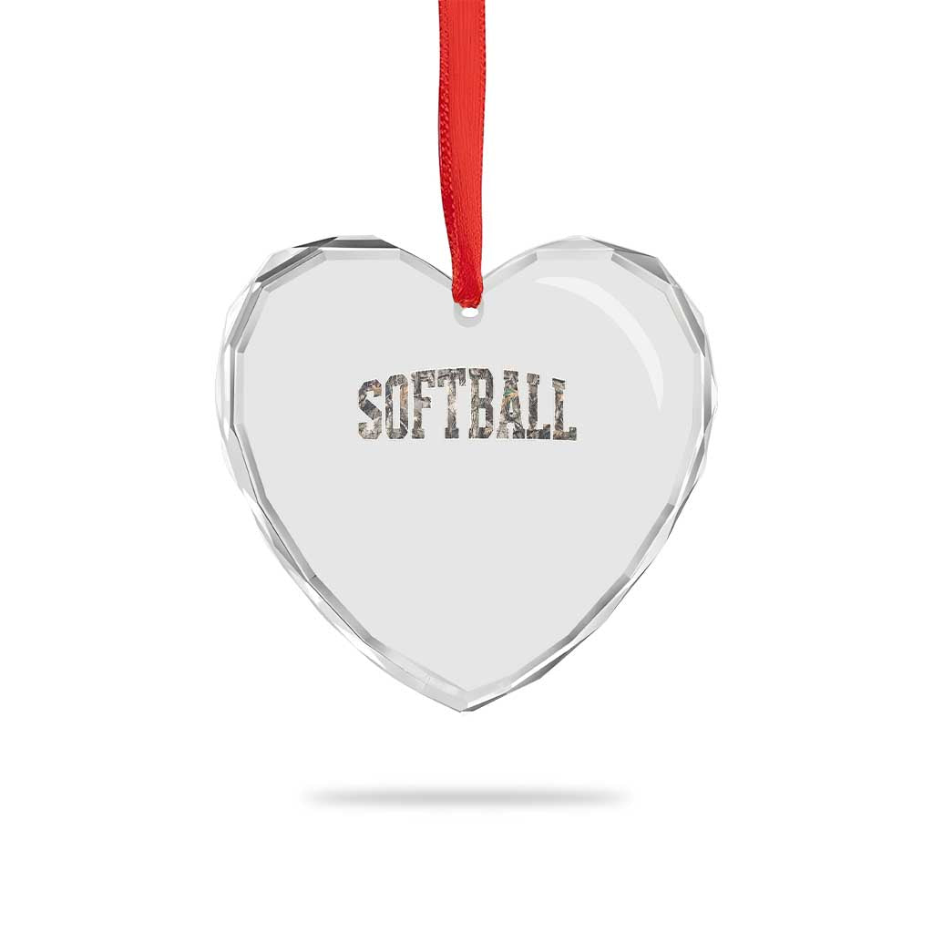 Camo Softball Heart Crystal Glass Ornament Vintage Camouflage Softball Varsity Game Day
