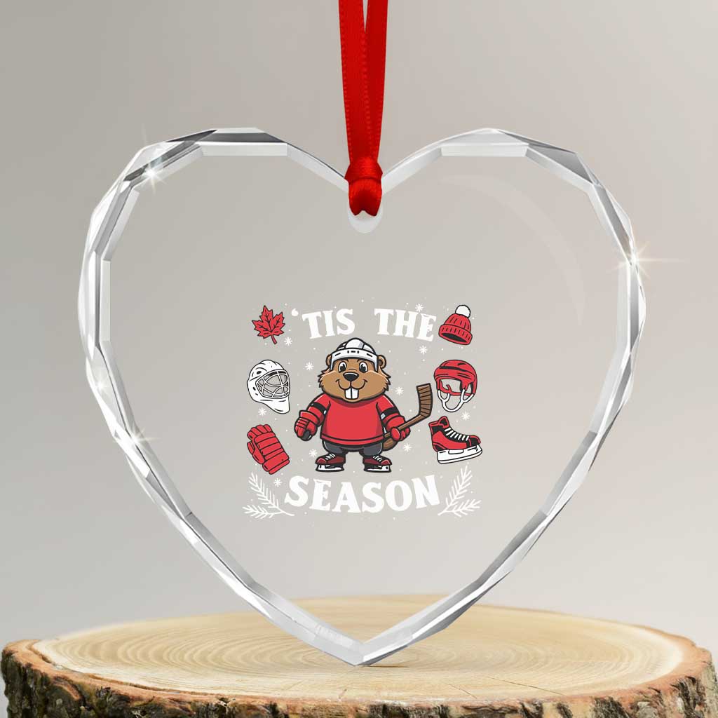 Canadian Ice Hockey Beaver Heart Crystal Glass Ornament Tis The Season Holiday Gift - Wonder Print Shop