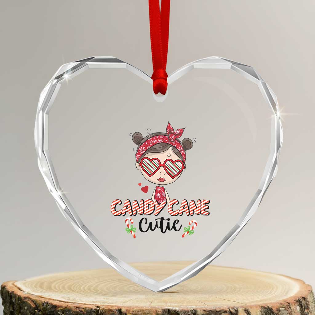 Candy Cane Cutie Xmas Cute Girl Kid Messy Bun Heart Crystal Glass Ornament - Wonder Print Shop