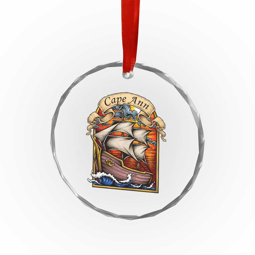Cape Ann Vintage Nautical Sailing Ship Graphic Crystal Glass Ornament Retro Stained Glass Window Style Ocean Sunset Tall Ship