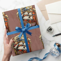 Cape Ann Vintage Nautical Sailing Ship Graphic Wrapping Paper Roll Retro Stained Glass Window Style Ocean Sunset Tall Ship