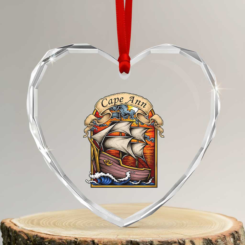Cape Ann Vintage Nautical Sailing Ship Graphic Heart Crystal Glass Ornament Retro Stained Glass Window Style Ocean Sunset Tall Ship