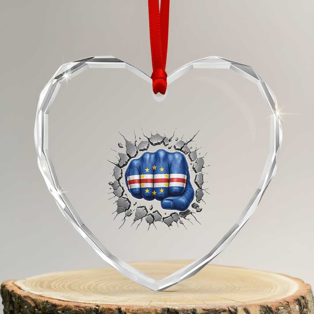 Cape Verde Flag Fist Power Stone Wall Break Graphic Heart Crystal Glass Ornament Cabo Verde Strong Roots National Pride
