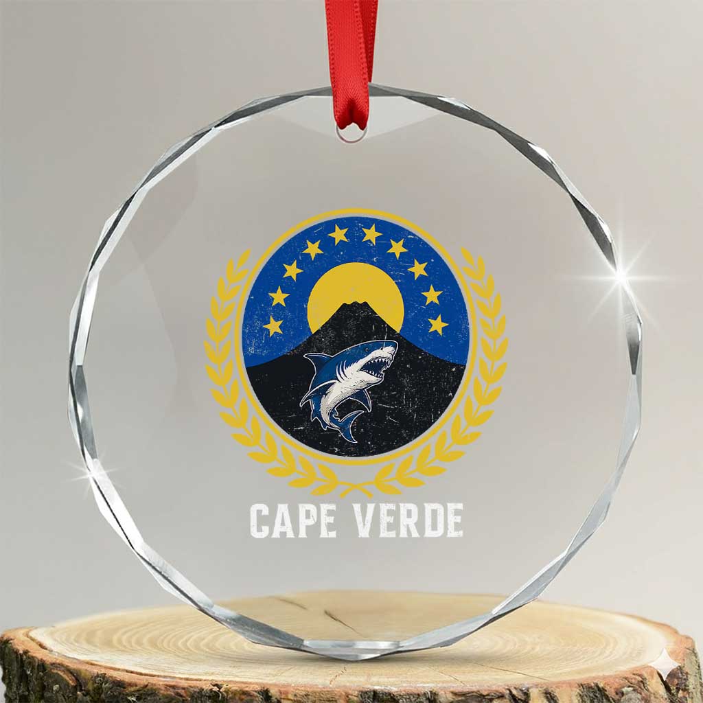 Cape Verde Volcano Blue Sharks Gold Laurel Crest Graphic Crystal Glass Ornament Retro Cabo Verde Heritage Pride
