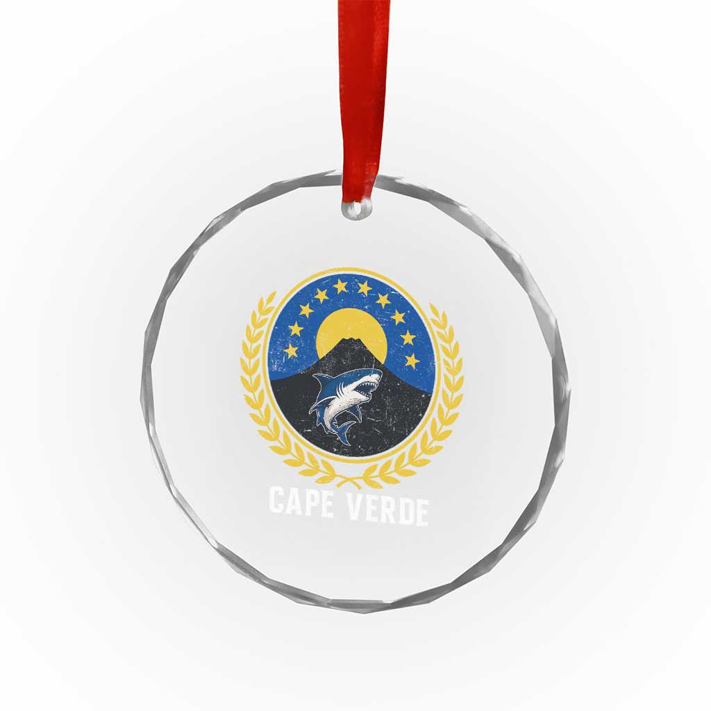 Cape Verde Volcano Blue Sharks Gold Laurel Crest Graphic Crystal Glass Ornament Retro Cabo Verde Heritage Pride