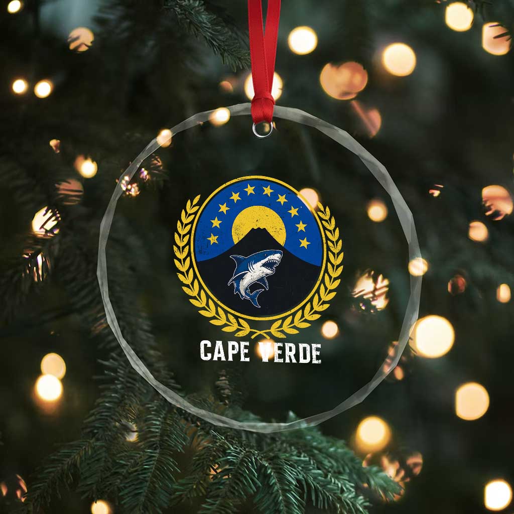 Cape Verde Volcano Blue Sharks Gold Laurel Crest Graphic Crystal Glass Ornament Retro Cabo Verde Heritage Pride