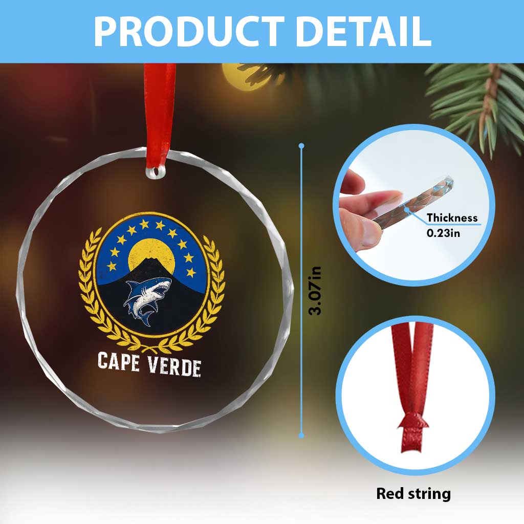 Cape Verde Volcano Blue Sharks Gold Laurel Crest Graphic Crystal Glass Ornament Retro Cabo Verde Heritage Pride