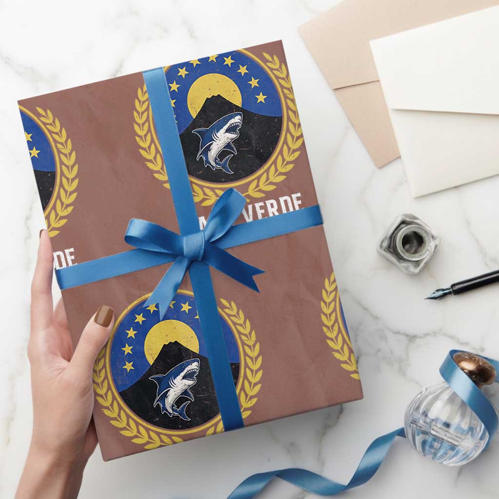 Cape Verde Volcano Blue Sharks Gold Laurel Crest Graphic Wrapping Paper Roll Retro Cabo Verde Heritage Pride