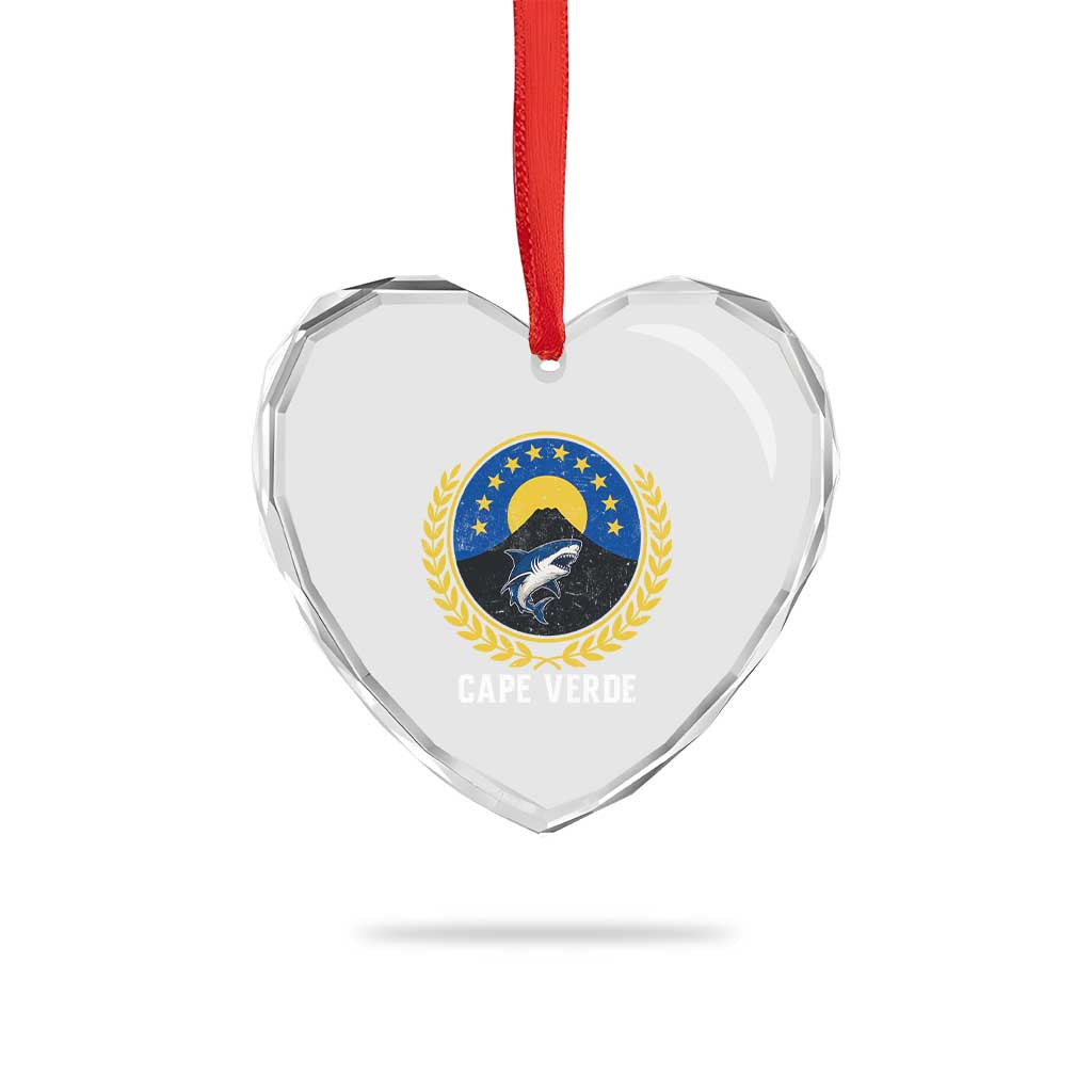 Cape Verde Volcano Blue Sharks Gold Laurel Crest Graphic Heart Crystal Glass Ornament Retro Cabo Verde Heritage Pride