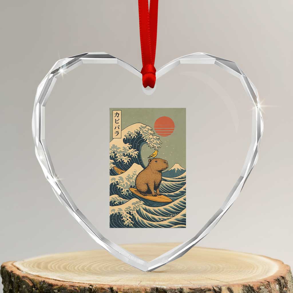 Capybara Surfing Japanese Heart Crystal Glass Ornament Vintage Great Wave Off Kanagawa Anime Kawaii - Wonder Print Shop