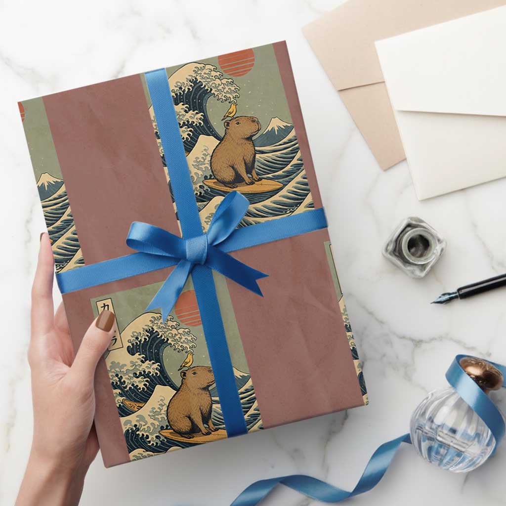 Capybara Surfing Japanese Wrapping Paper Roll Vintage Great Wave Off Kanagawa Anime Kawaii - Wonder Print Shop
