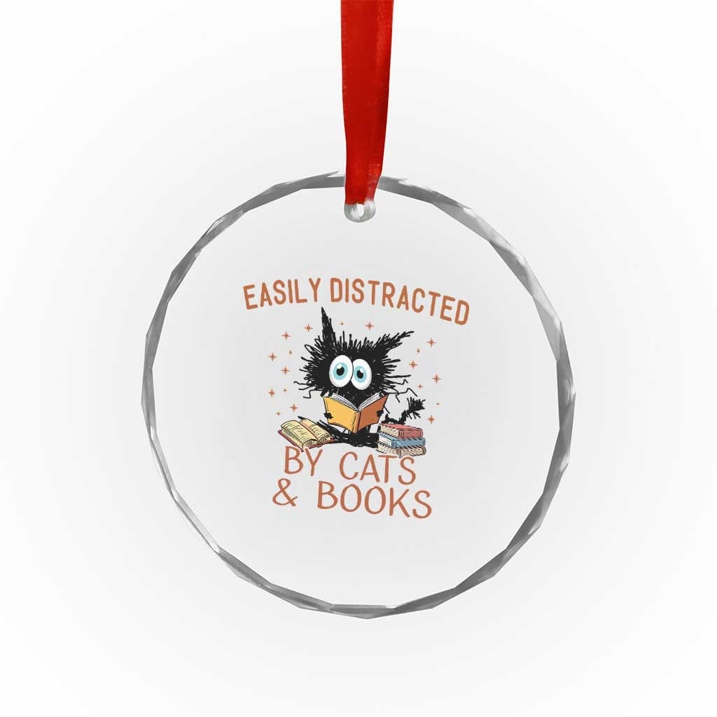Cat and Book Lover Crystal Glass Ornament Easily Distracted By Cats And Books Funny Black Cat Meme TS02