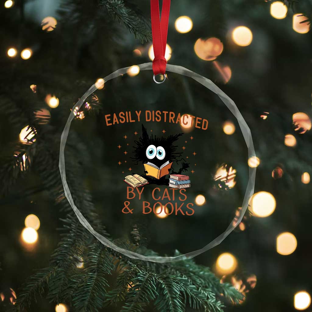 Cat and Book Lover Crystal Glass Ornament Easily Distracted By Cats And Books Funny Black Cat Meme TS02