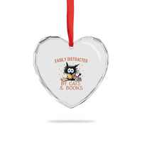 Cat and Book Lover Heart Crystal Glass Ornament Easily Distracted By Cats And Books Funny Black Cat Meme - Wonder Print Shop
