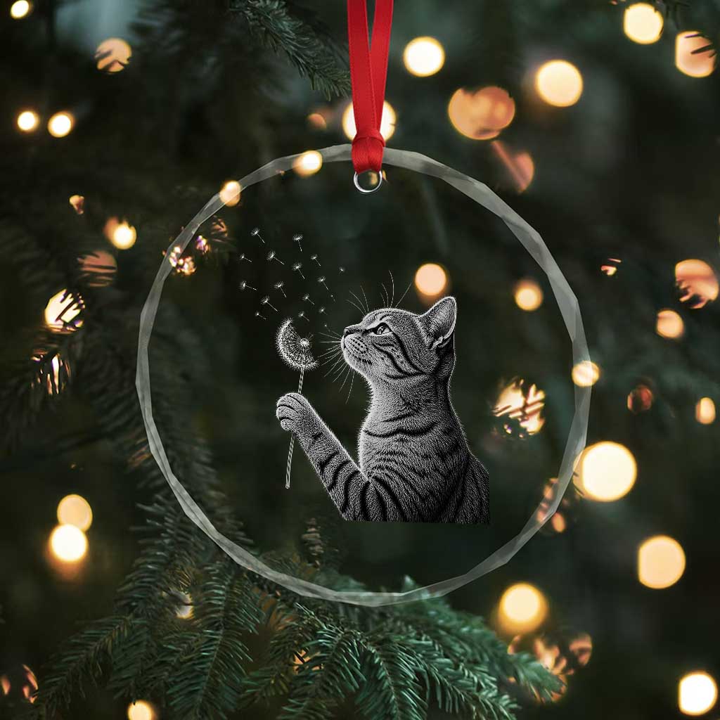 Cat Blowing Dandelion Crystal Glass Ornament Kitten Making A Wish Nature Art