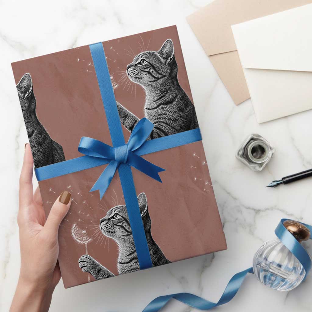 Cat Blowing Dandelion Wrapping Paper Roll Kitten Making A Wish Nature Art