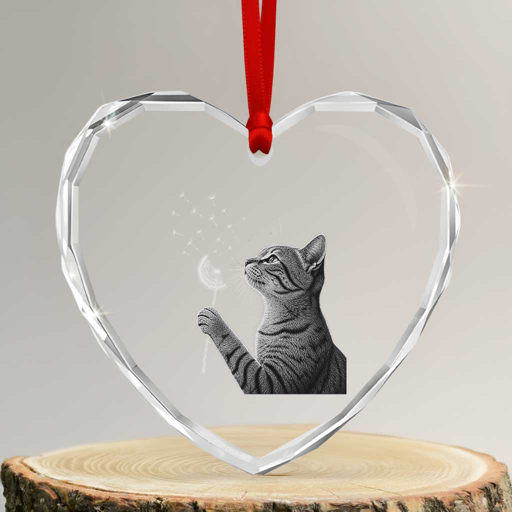Cat Blowing Dandelion Heart Crystal Glass Ornament Kitten Making A Wish Nature Art
