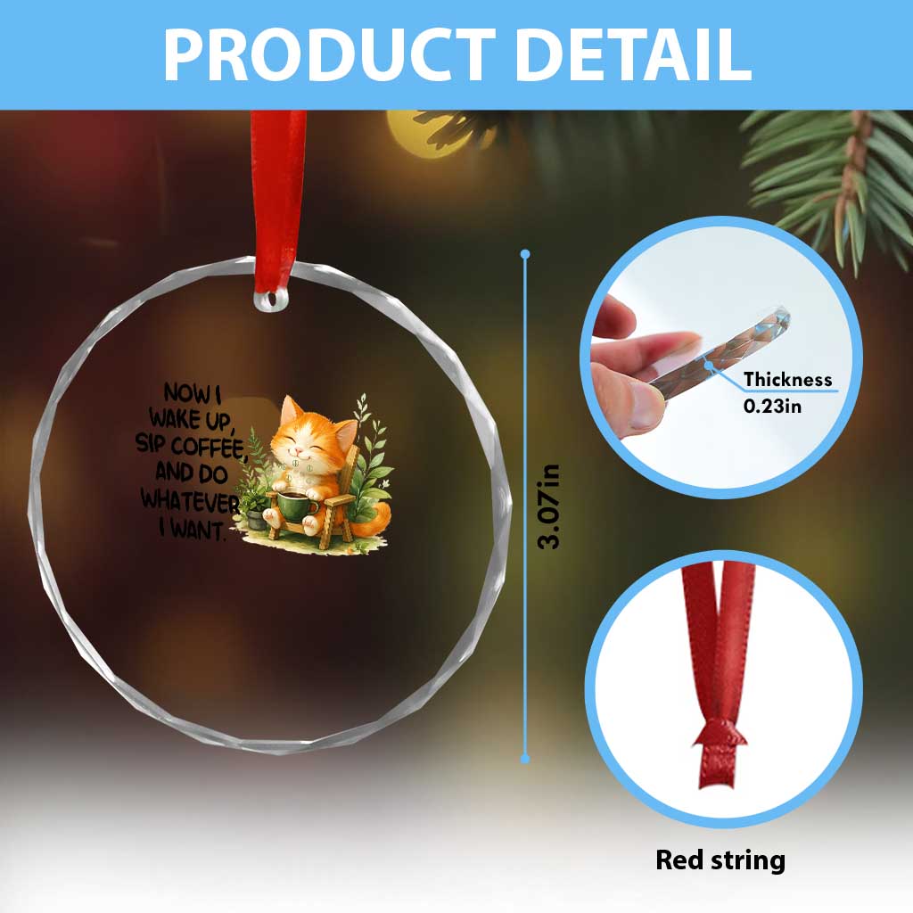 Cat Coffee Lover Crystal Glass Ornament Now I Wake Up Sip Coffee And Do Whatever I Want TS12