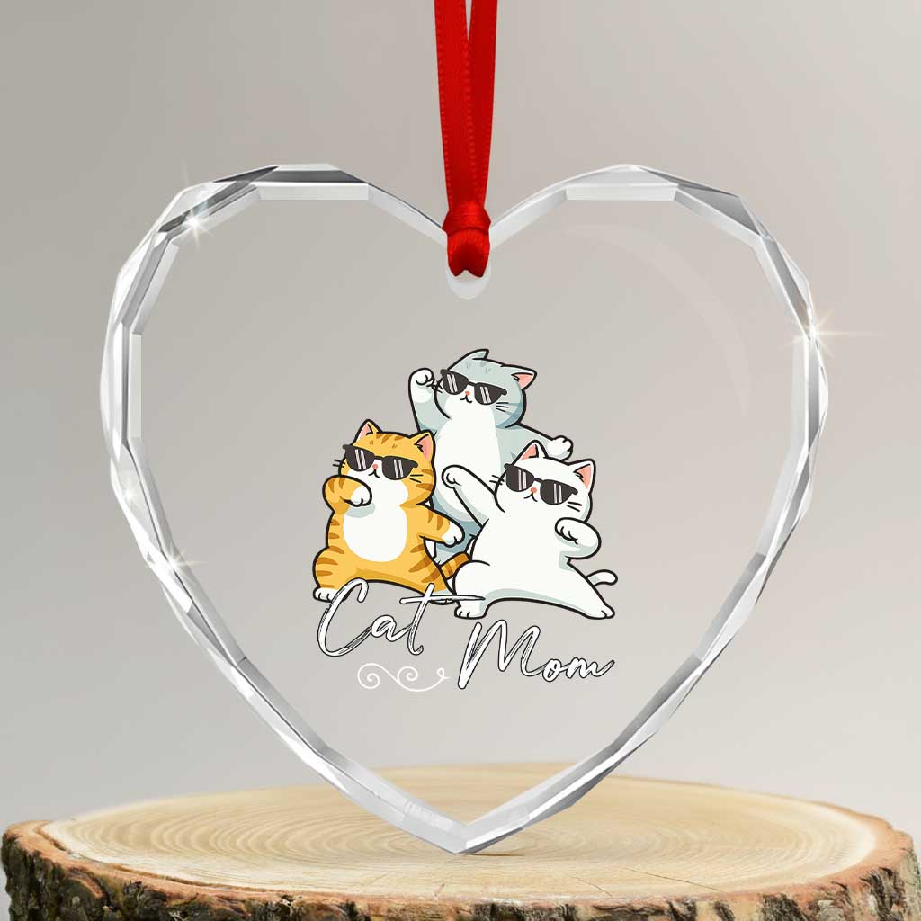 Cat Mom Heart Crystal Glass Ornament Three Cool Cats with Sunglasses - Wonder Print Shop
