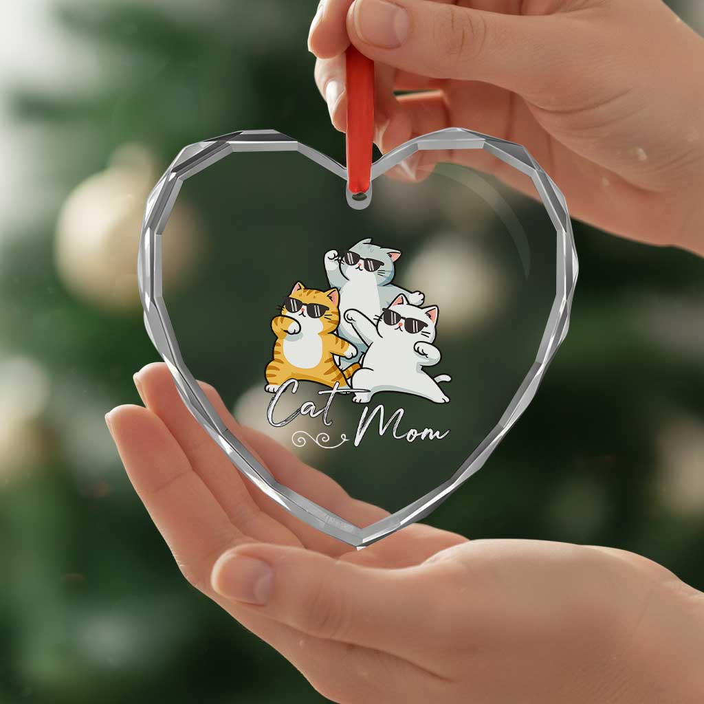 Cat Mom Heart Crystal Glass Ornament Three Cool Cats with Sunglasses - Wonder Print Shop