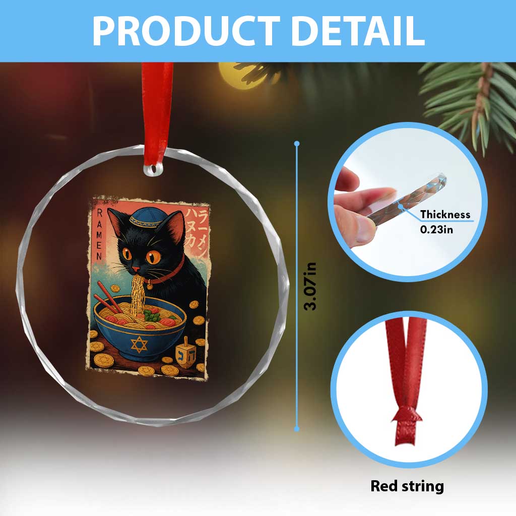 Cat Ramen Hanukkah Crystal Glass Ornament Japanese Kawaii Anime Chanukah Cat - Wonder Print Shop