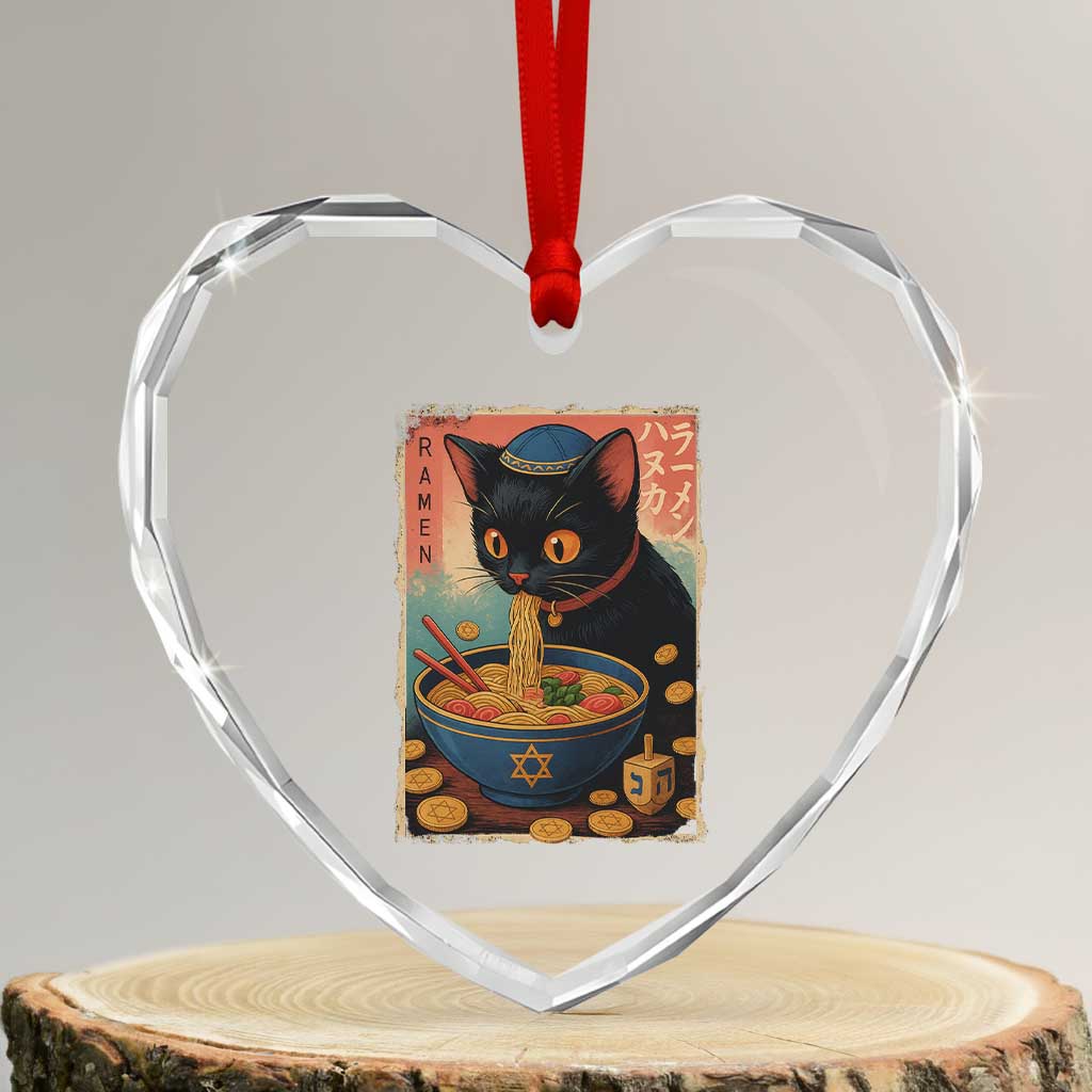 Cat Ramen Hanukkah Heart Crystal Glass Ornament Japanese Kawaii Anime Chanukah Cat - Wonder Print Shop