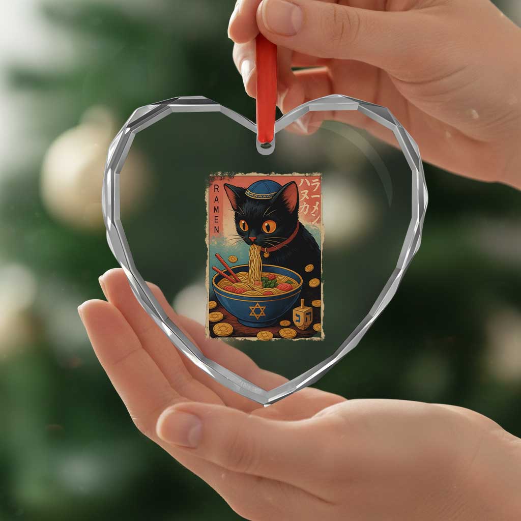 Cat Ramen Hanukkah Heart Crystal Glass Ornament Japanese Kawaii Anime Chanukah Cat - Wonder Print Shop