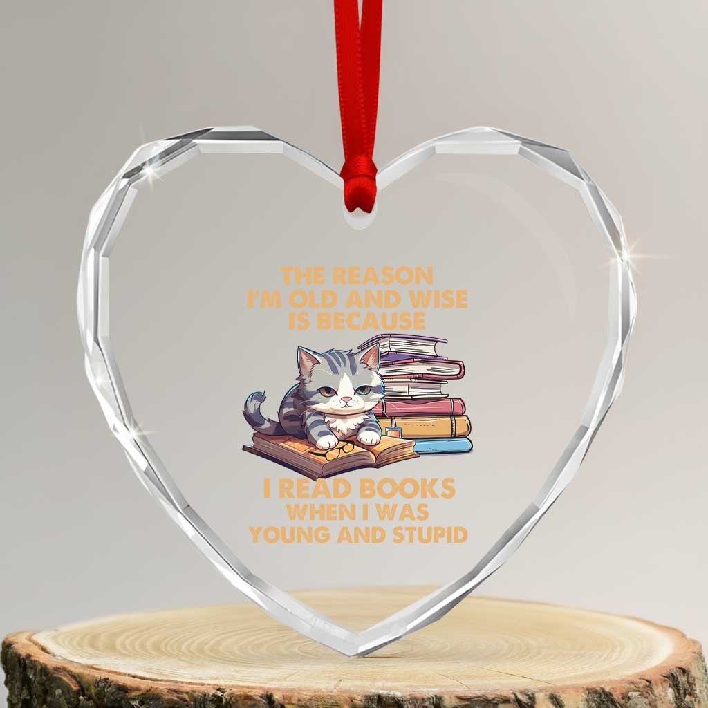 Cat Reading Heart Crystal Glass Ornament I'm Old And Wise Because I Read Books When I Was Young And Stupid Funny Reading Lover - Wonder Print Shop