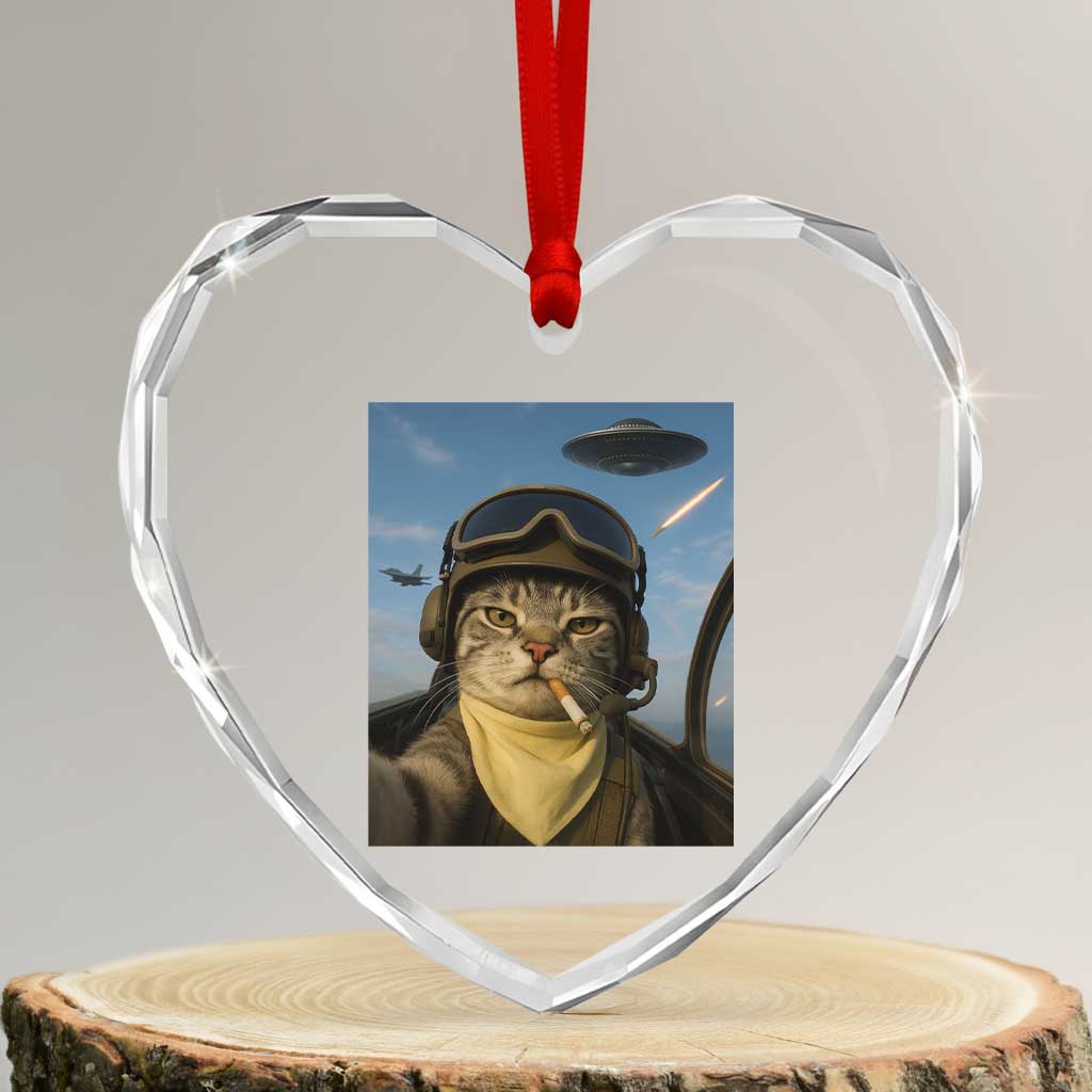 Cat Selfie With Alien UFO Heart Crystal Glass Ornament Retro Space Sci-Fi Cat Pilot - Wonder Print Shop