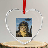 Cat Selfie With Alien UFO Heart Crystal Glass Ornament Retro Space Sci-Fi Cat Pilot - Wonder Print Shop